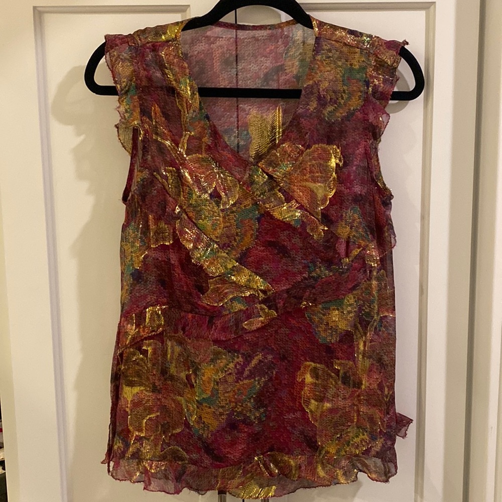 Nicole Miller Artelier Asymmetrical Ruffle Metallic Blouse